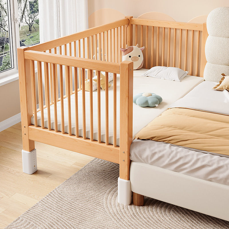 All-Beech Wood Spliced Bed, Solid Wood Children's Crib, Adjustable Height, Wide Bed, Child's Bedside Bed, All Solid Wood