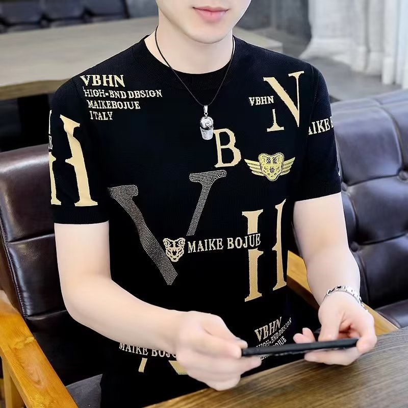 Camisa menos ropa verano nueva camiseta de manga corta de seda de hielo hombres cuello redondo marca de moda ropa superior delgada Camiseta slim fit