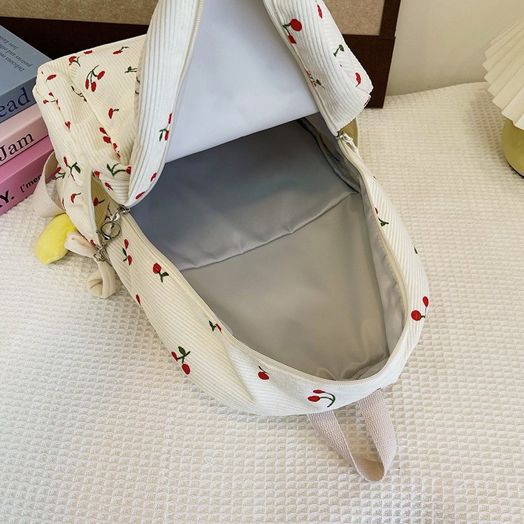 1197g Weight Polyester Lining Material Zipper Closure Type Double Shoulder Straps Strap Type Casual, School, Daily Occasion Corduroy Material Back To School Festival School Backpack Backpack Cherry Pattern All Seasons Season Women's Gender Cute Style Shell Shape Cherry Casual School Daily School Backpack 42