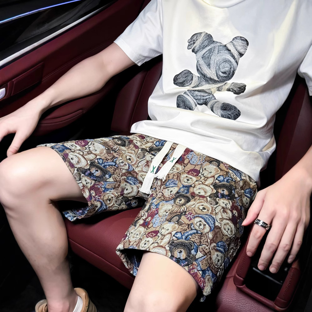Men's Casual Shorts With Bear Print, Elastic Waist With Drawstring, Loose Fit 5-Inch Inseam For Summer Beach Sports_viptrois.com