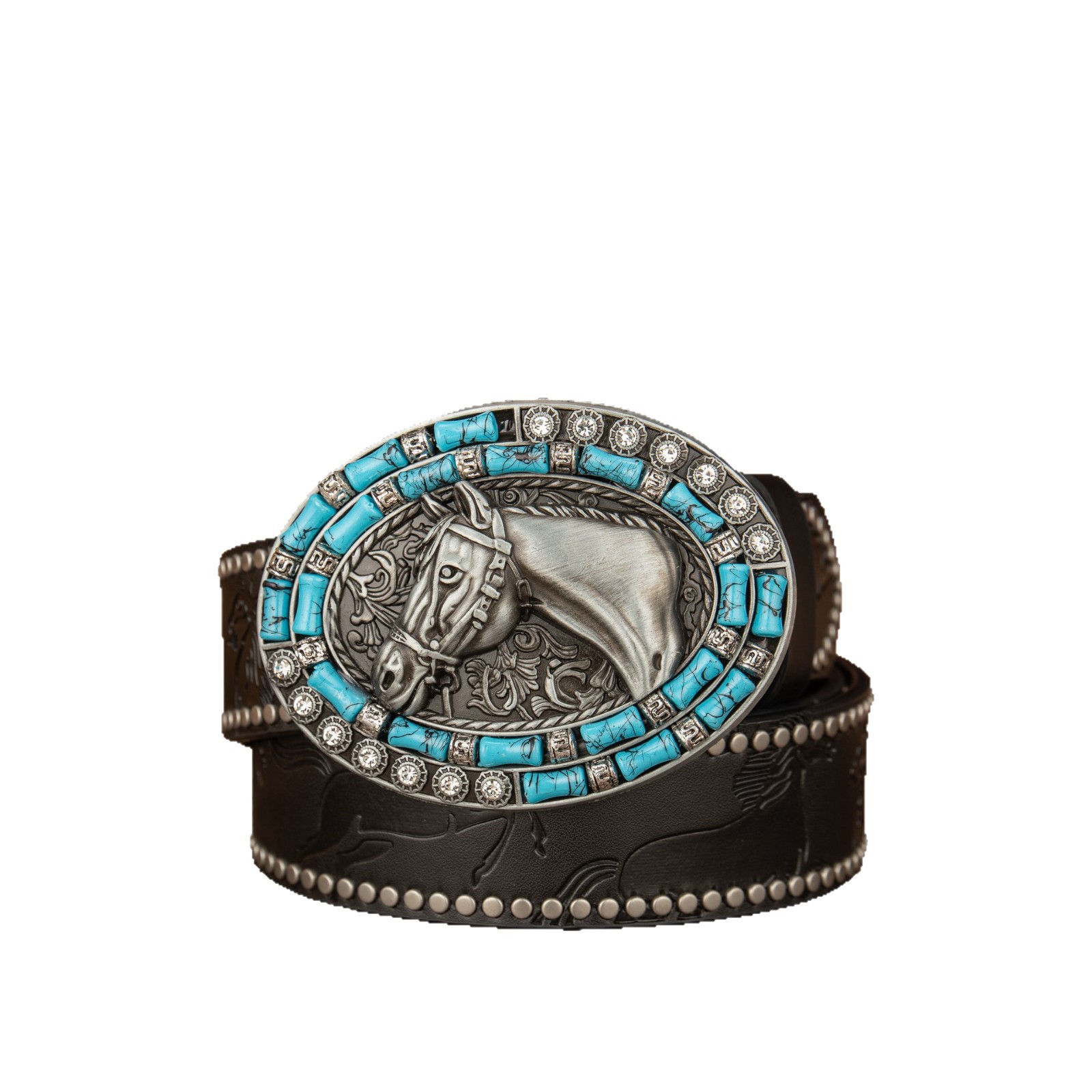 Cross-border retro nuevo estilo azul turquesa cuentas de madera cabeza de toro hebilla cinturón de cuero PU punk europeo y americano