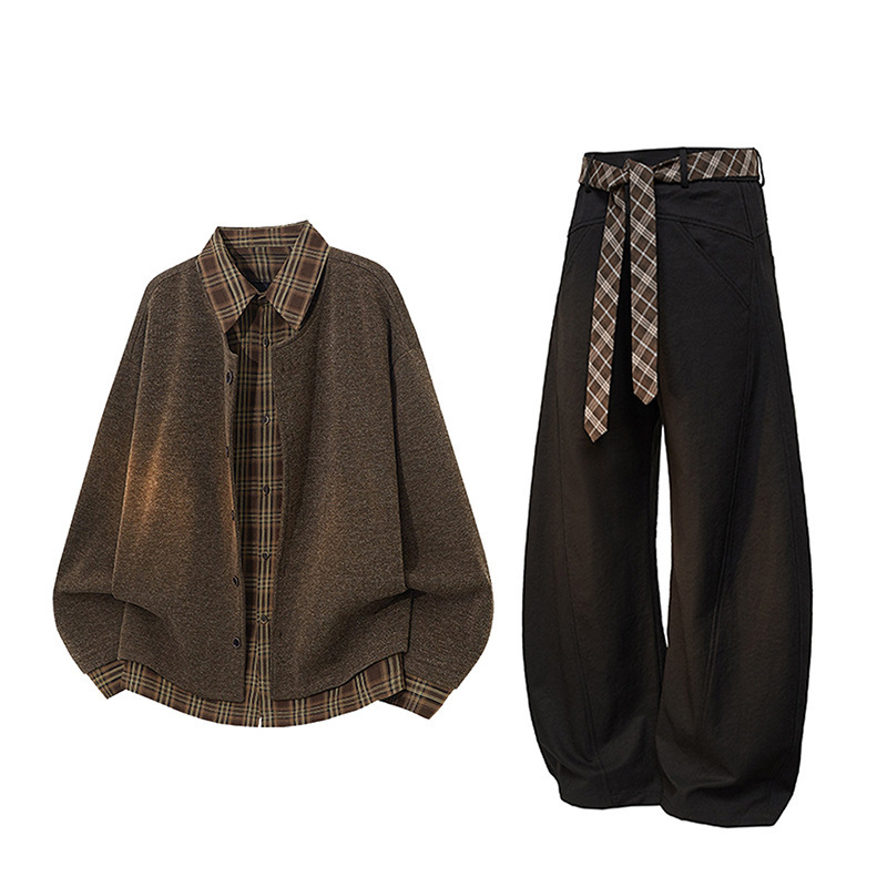 Plus-size American-style high-end casual suit for men, new autumn collection, old money style, faux two-piece shirt and trousers set Plus-size American-style high-end casual suit for men, new autumn collection, old money style, faux two-piece shirt and trousers set
