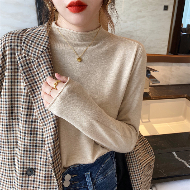 韓国版秋冬半高襟のニットの女性の薄いタイプの洋風の新型の中にセーターの長袖の上着を掛けて外に着ます。|undefined