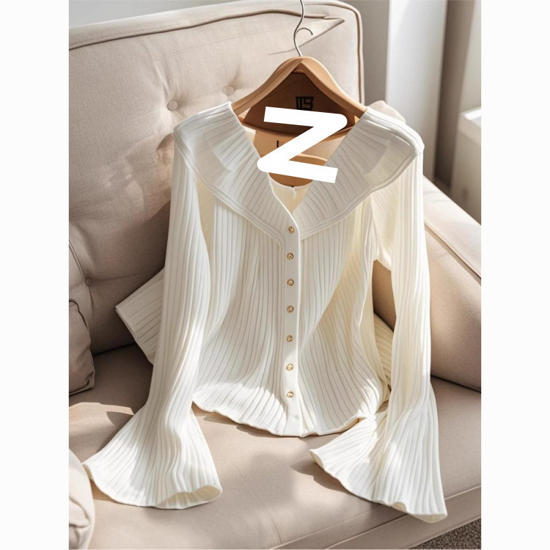 French Hepburn Style Elegant Niche Design Lotus Leaf Stitching V-Neck White Knit Sweater Autumn Ins Horn Sleeve Top