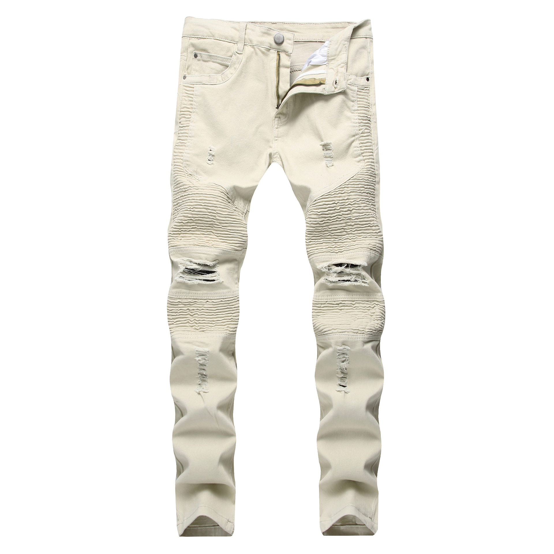 Men's jeans with personalized trendy folds, slim fit and elastic fit, men's fashionable pants_voghion.com
