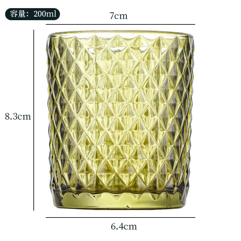 Vaso de vidrio de colores en stock, vaso de vidrio con relieve para velas, vaso de vidrio con rayas ámbar, vaso de vidrio con patrones verdes en stock