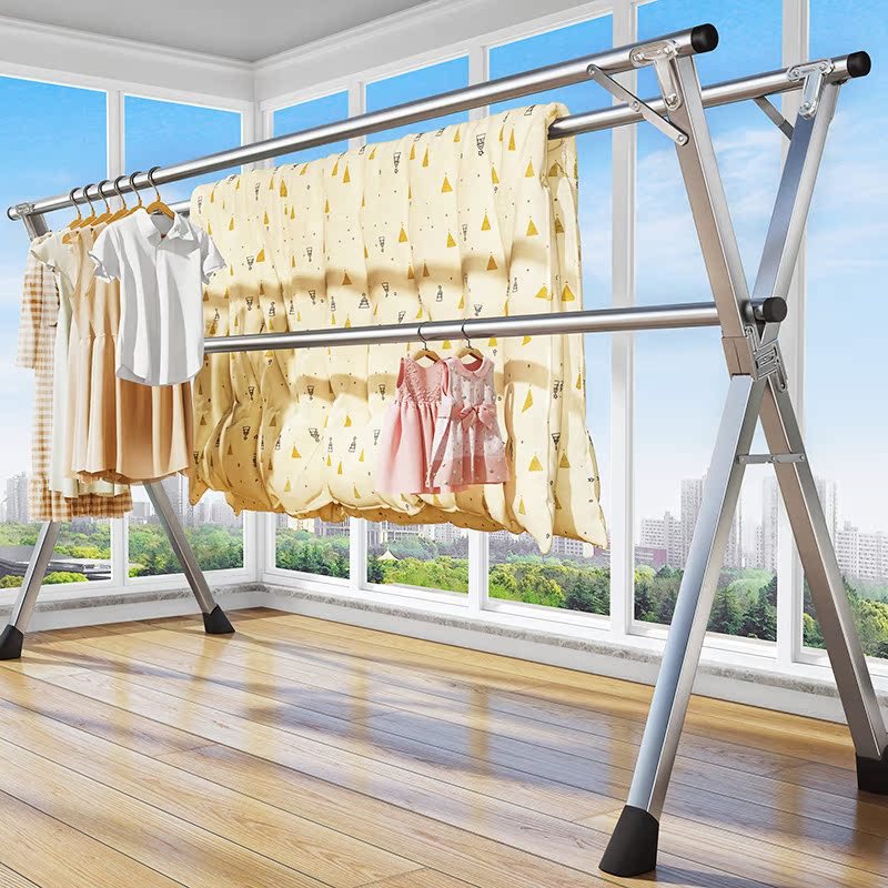 Stainless Steel Floor-Standing Clothes Drying Rack Indoor and Outdoor Balcony Quilt Drying Artifact Household Telescopic Clothes Hanger Folding Clothes Drying Rack