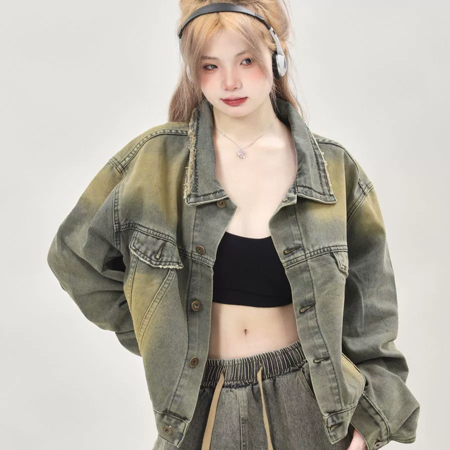 Retro short denim autumn sexy jacket, American style, loose fit