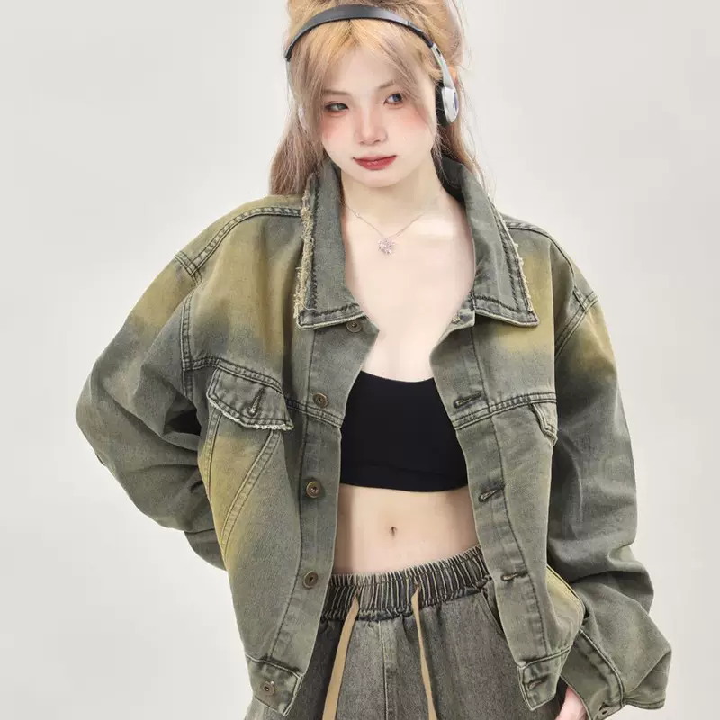 Retro short denim autumn sexy jacket, American style, loose fit