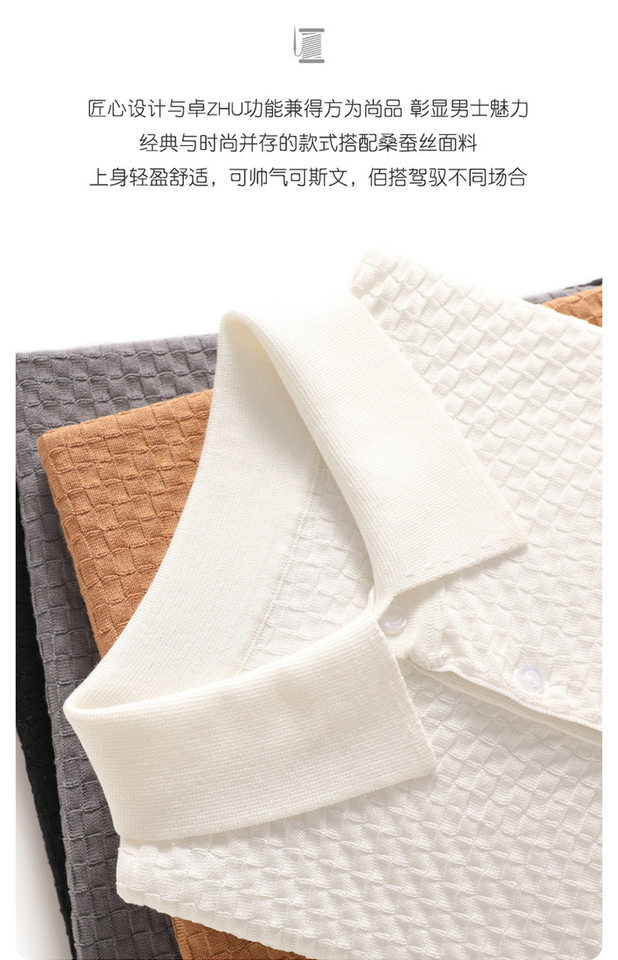 Áo thun nam tay ngắn cổ POLO chất liệu tơ tằm pha len dệt kim mỏng nhẹ — Màu camel, Màu trắng, Màu xám, Màu đen chi tiết 3