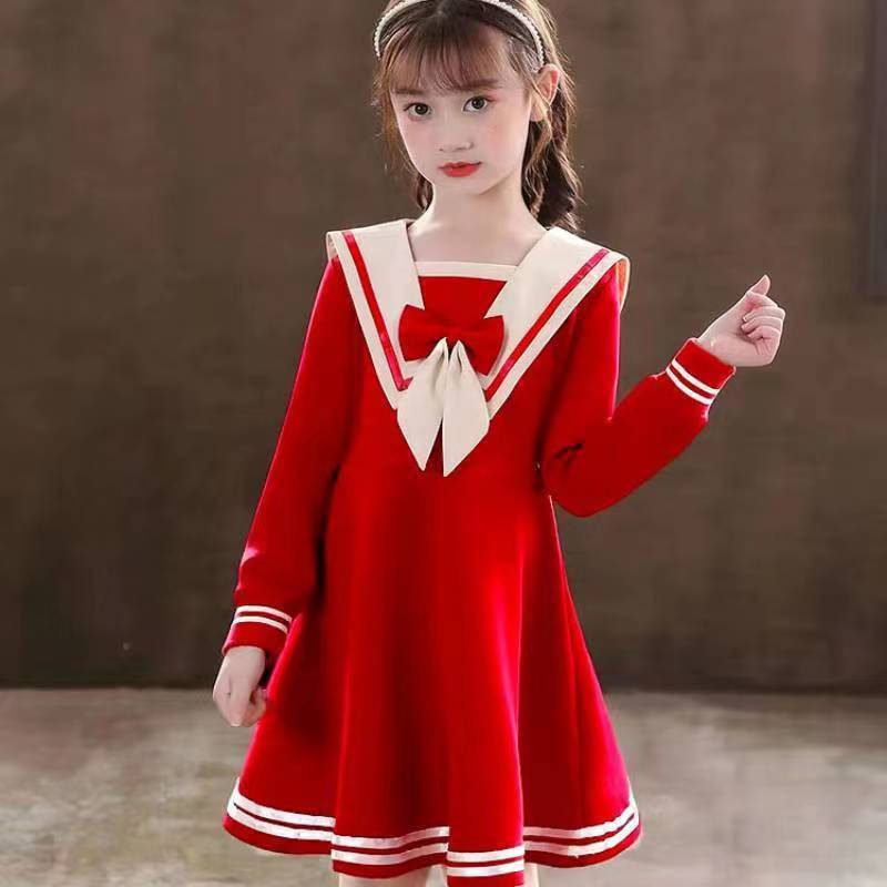 女童连衣裙夏装2024新款jk套装红色女孩学院风裙子海军领公主童装