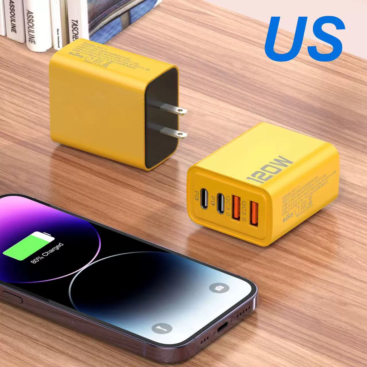 Зарядное устройство совместимо с Apple Huawei iPhone15, быстрая зарядка 120W на 4 порта, USB-C & USB-A