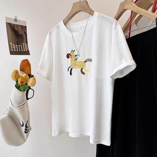 Fat Sister 100kg Large Size Korean Style Childlike Embroidered Colorful Pony Short-Sleeved T-Shirt Women's Summer Loose Cotton Top