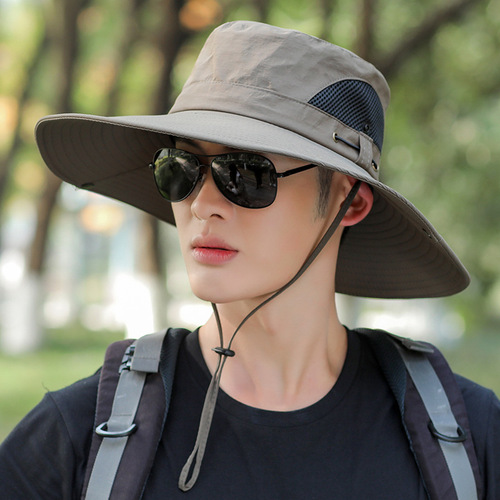 Wide-brimmed sun hat for men, summer outdoor fisherman's hat with tie, foldable and portable fishing sun hat, wholesale