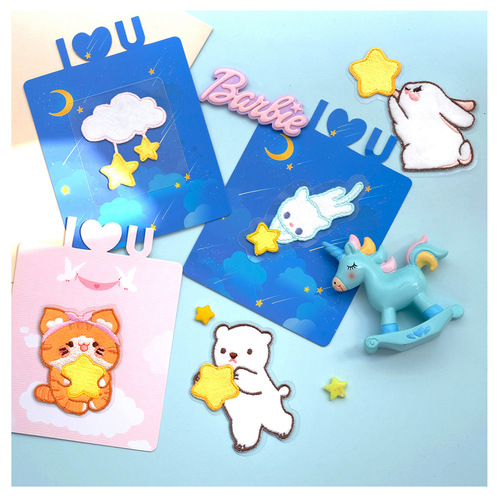 Reaching for the Stars Cute Cat Rabbit Bear Plush Embroidery Sticker Self-adhesive Sticky Sticker Directly onto Switch Shoes E3-2