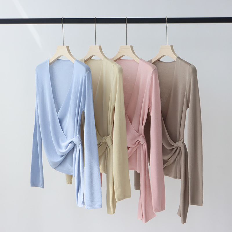 Tencel Lyocell Spring and Summer Cross-Strap Simple Style Knitted Sweater for Women, Long Sleeve V-Neck Air Conditioning Shirt with Strap Design