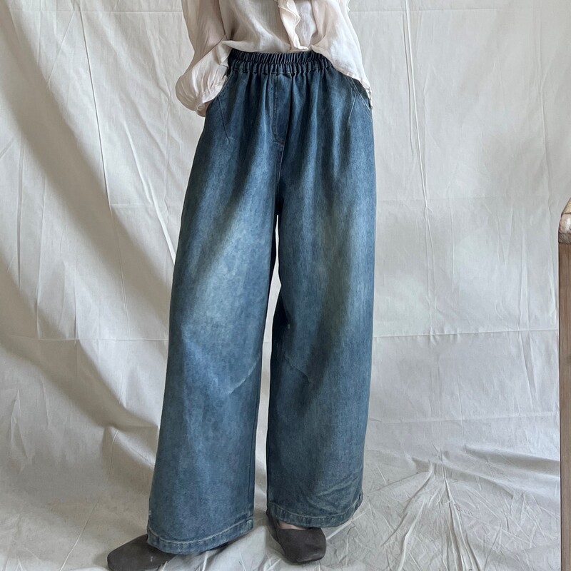 Straight-Leg-Leg Jeans Spring & Fall New Style Literary Retro Versatile Loose Washed Pleated Elastic Waist Pants for Women 8123