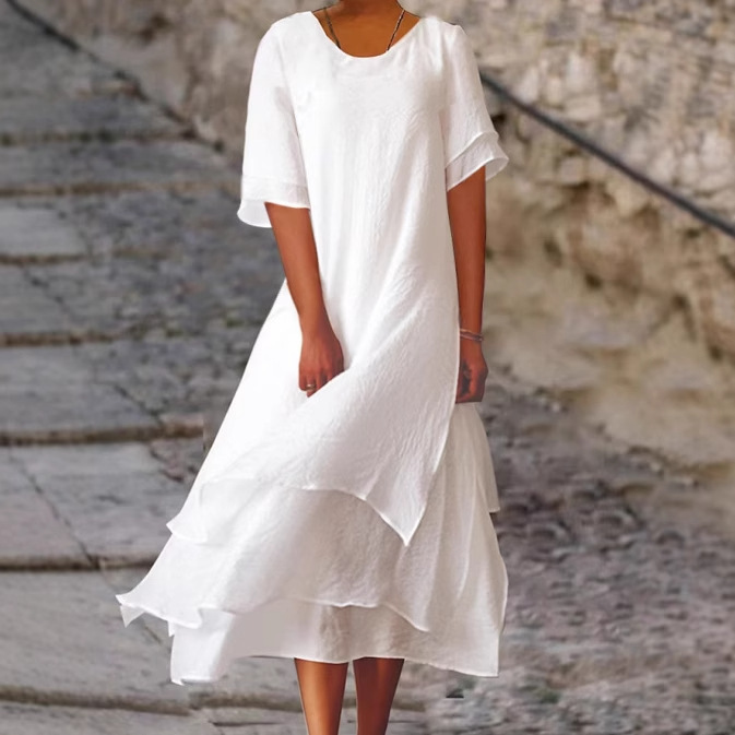 Summer cotton and linen double-layer color matching slit short sleeve round neck dress