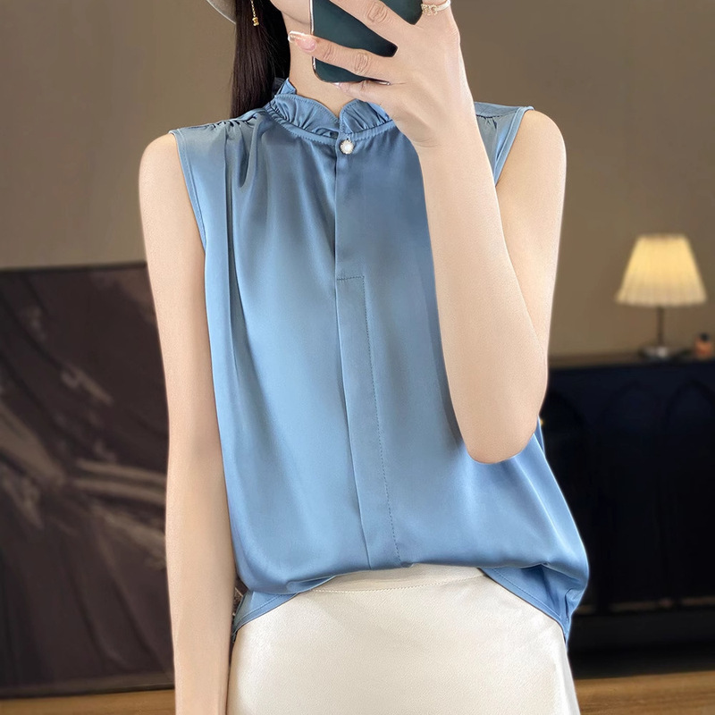 Fungus Lace Collar Sleeveless Solid Color One-button Vest Silky Satin Commuter Slimming Spring and Summer Thin Elegant Shirt for Women