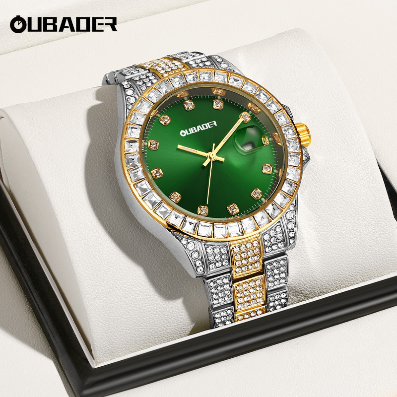 European and American Large Dial Men's Watch Set with Diamonds and Square Diamonds Men's Watch Starry Calendar Luxury Quartz Men's Steel Band Watch Wholesale