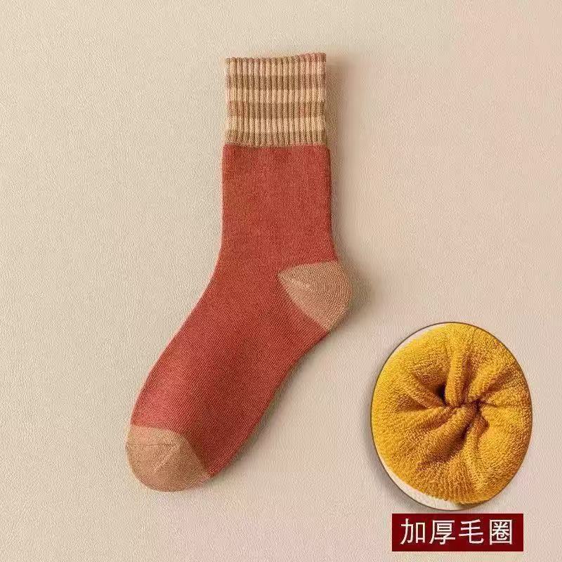 男女同款条纹毛圈中筒袜保暖加绒加厚毛圈雪地袜冬季弹力舒适柔软|undefined