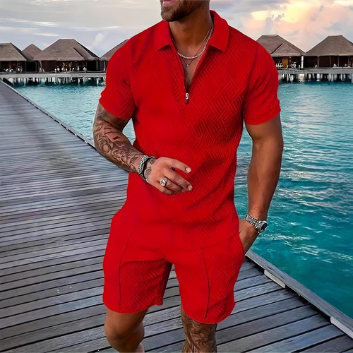 2024 Cross-border European and American Men's Clothing New Independent Store Supply Leisure Polo Zip-up Collar Short-Sleeve Solid Color Set