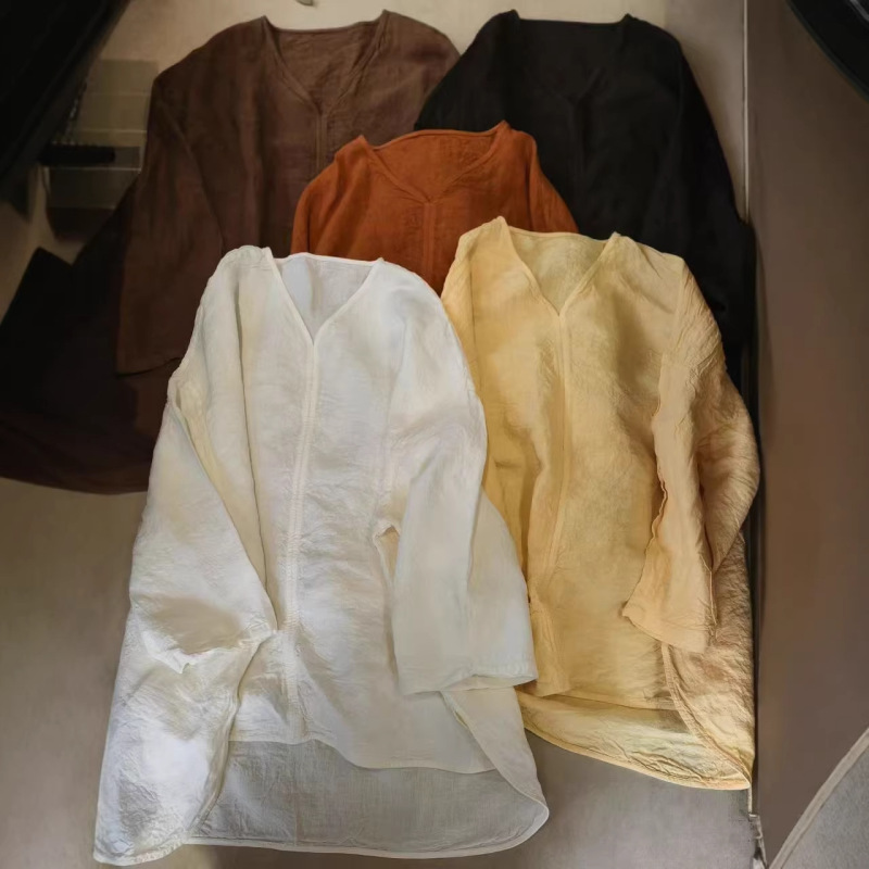 2026 Spring New V-Neck Pullover Irregular Hem Raindrop Linen Long Sleeve Pullover Mid-Length Shirt for Women
