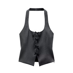 跨境批發歐美風蝴蝶結掛脖吊帶背心低腰細條紋開叉半身裙