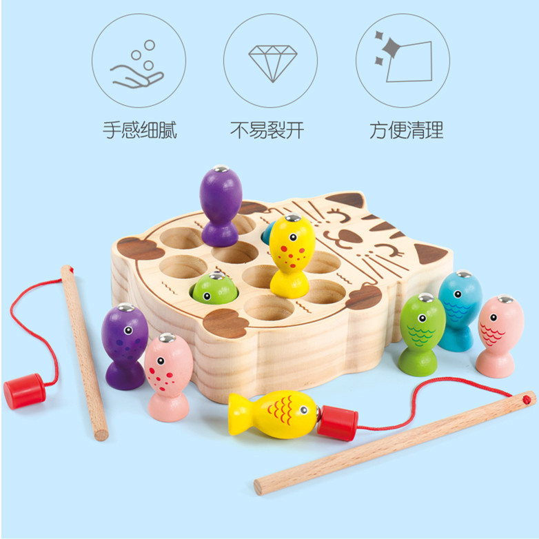Children's fishing toys baby magnetic wooden kitten fishing toys magnetic fish concentration training