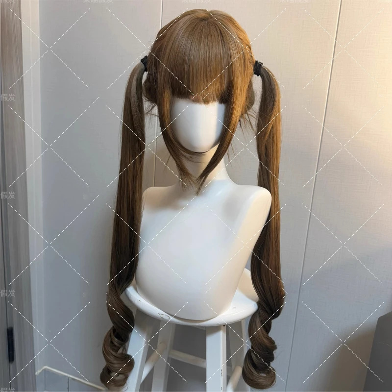 Wig for Women 85cm with Sideburns Honey Brown Sweet Lolita Little Girl Double Ponytail Cute Lolita Full Headgear