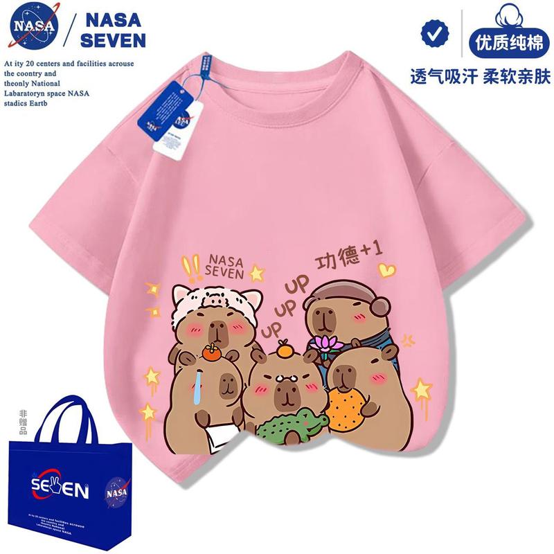 NASA卡皮巴拉纯棉T恤儿童洋气2025夏季新款水豚君短袖男女童上衣|undefined