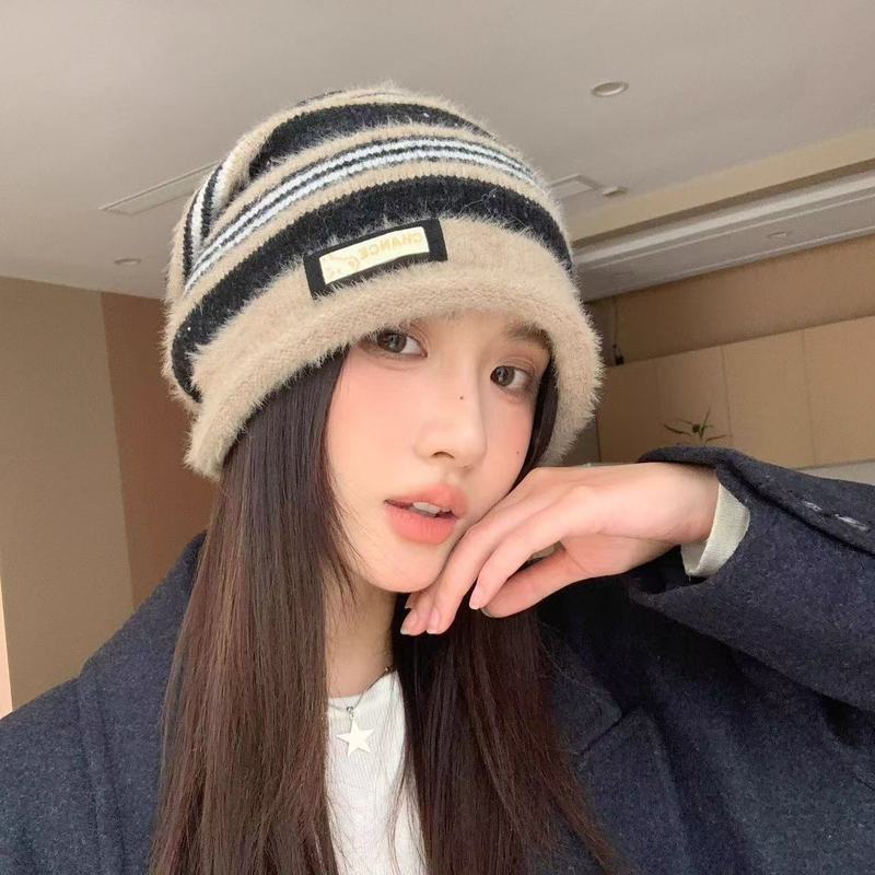秋冬新款堆堆帽冷帽女护耳保暖包头帽子女士时尚条纹针织毛线帽潮|undefined