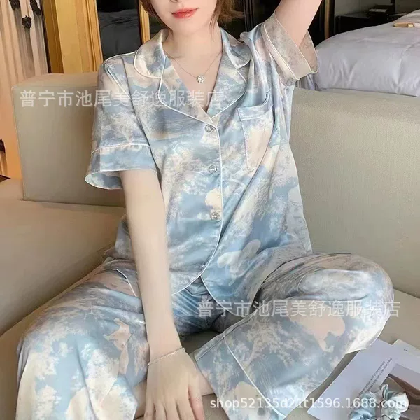 Cross-border foreign trade wholesale imitation silk cardigan pajamas ladies short sleeve trousers ice silk home clothing suit pajamas
