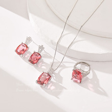 欧美奢华气质时尚名媛配饰套装潮流玫红镶嵌水钻戒指耳环项链套装