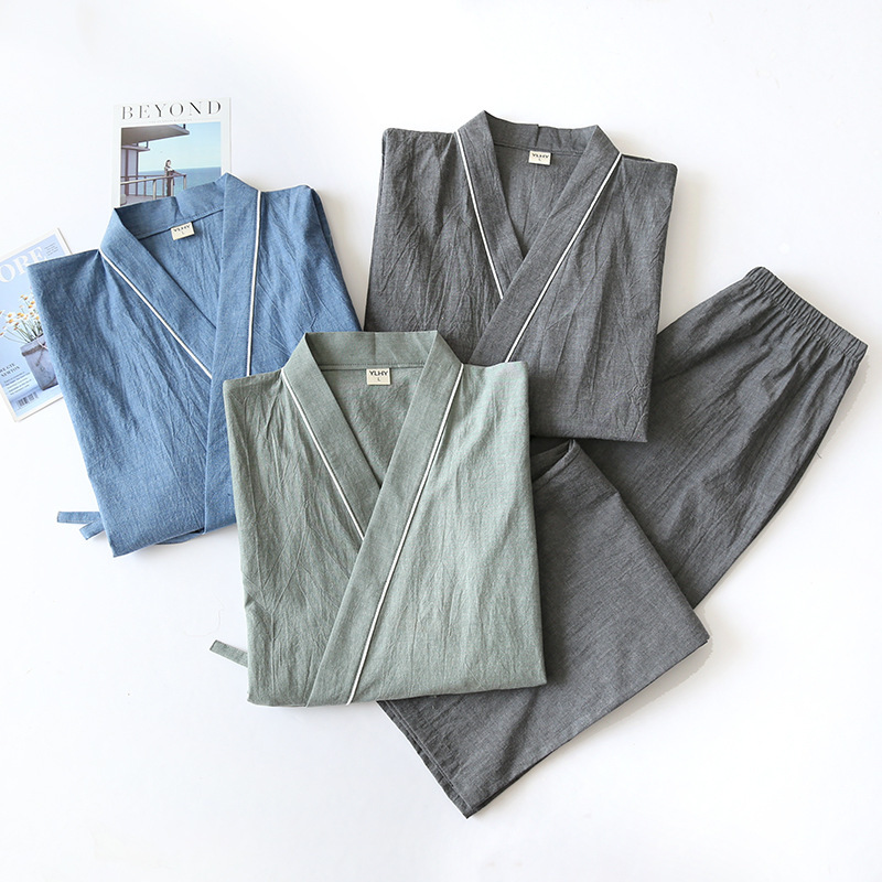 Spring and Autumn Japanese Kimono Set Washed Men's Pajamas Thin Lace-up Hanfu Trousers Home Clothes Loose Plus Size Spring and Autumn Japanese Kimono Set Washed Men's Pajamas Thin Lace-up Hanfu Trousers Home Clothes Loose Plus Size