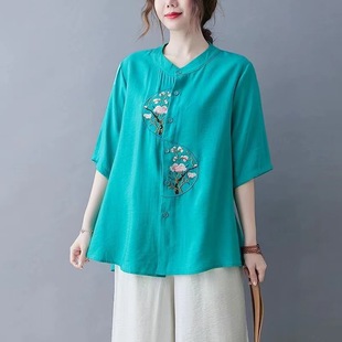 Mom's Summer Cotton and Linen Short-Sleeved T-Shirt Women's New Style Middle-Aged and Elderly Women's Style Mid-Sleeve Embroidered Tops