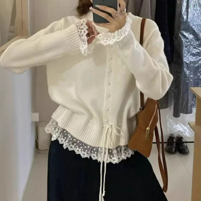 Korean Sweet Age-Reducing Lace Waist Lace-Up Sweater for Women Spring Loose Slimming Versatile Round Neck Top