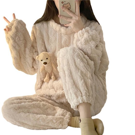 Winter Thickened Pajamas Women's Plush Cute Sweet fleece-lined Warm Puppet Bear Home Clothes Women's Internet Celebrant suit