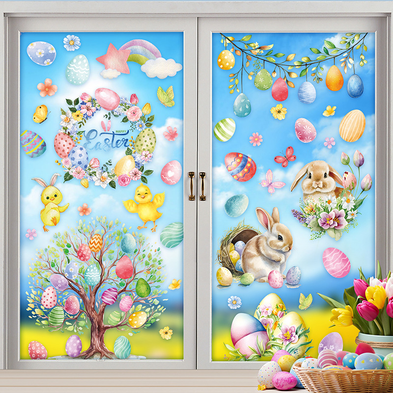 Easter Glass Stickers Wholesale Cross-Border Rabbit Eggs Bird Storefront Festive Atmosphere Wall Decoration Static Window Stickers