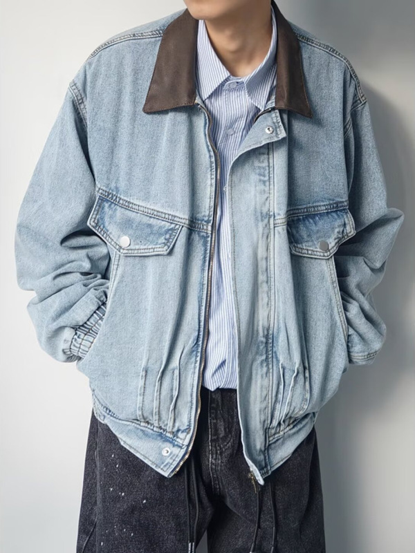 美式复古翻领拼接牛仔外套男装秋季新款潮牌宽松休闲街头工装夹克|undefined