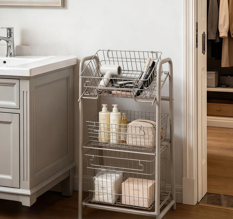 Household bathroom storage rack, wrought iron shelving unit, three-tier storage basket for toiletries, multi-purpose storage rack for the bathroom