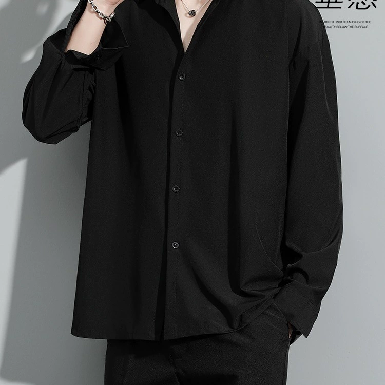 Черная мужская рубашка с длинными рукавами для лета, свободная и драпированная, красивая повседневная мужская рубашка из ледяного шелка с короткими рукавами для мужчин