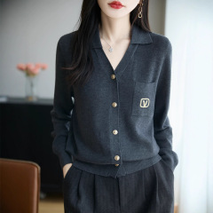 设计感翻领针织衫开衫女秋季新款刺绣薄款长袖外套气质女装上衣