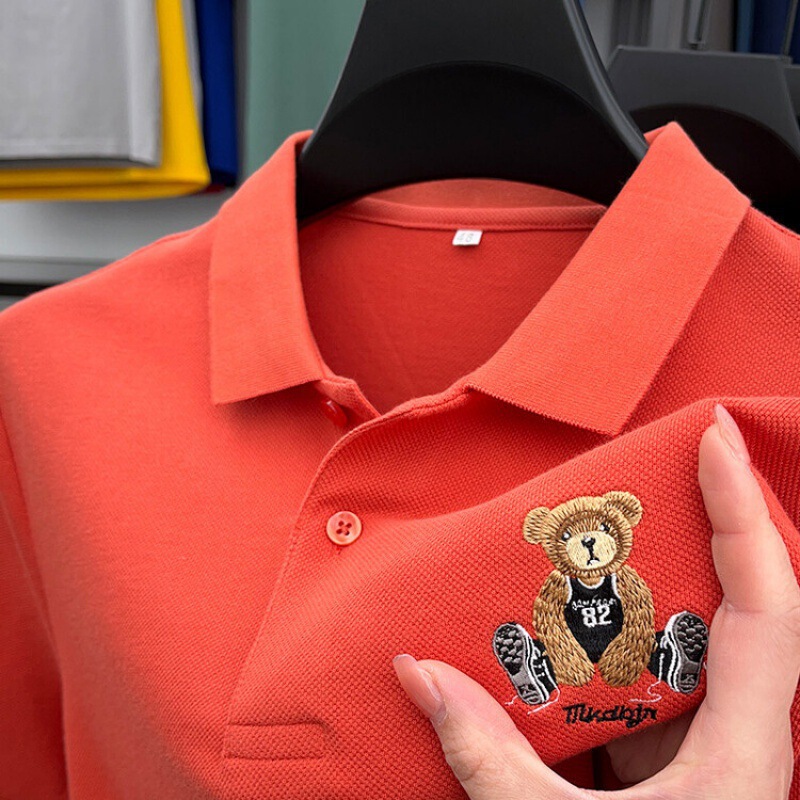Men's Short-Sleeve Cotton Polo Shirt with Bear Embroidery, Loose Fit Summer Fashion Men's Short-Sleeve Cotton Polo Shirt with Bear Embroidery, Loose Fit Summer Fashion