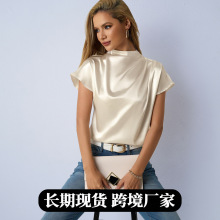 实拍外贸欧美大牌女装色丁T恤 春秋季热卖圆领左肩褶皱女式上衣