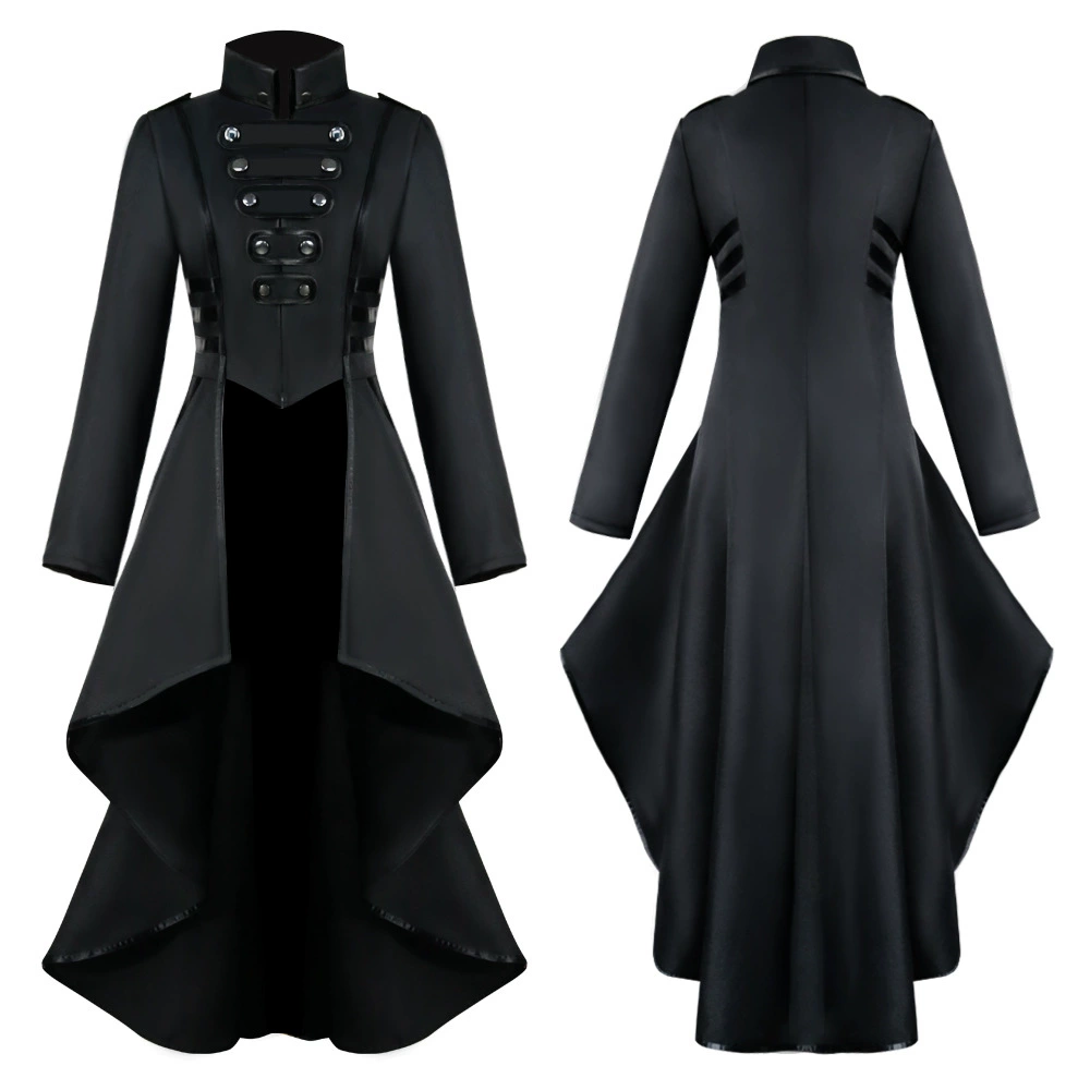 Evening Dress European Style, Long Sleeve High-Low Hem with Military Button Detail, Multi-Color