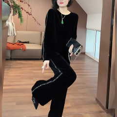 黒ファッションスーツ女性2025年気質高級感ベルベット上着ワイドパンツ春着セット