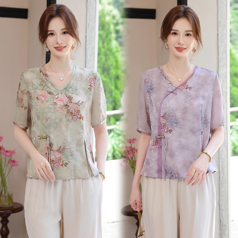 Chinese Style New Mom Ethnic Style T-Shirt Spring and Summer Tops Shirts Middle-Aged and Elderly Shirts Elegant High Fashion