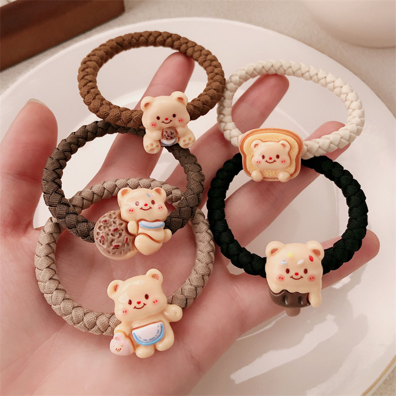 Caricatura encantadora crema oso anillo de cabello de alta elasticidad engrosado oso correa de cabello cuerda de cabello de cola de caballo accesorios para el cabello