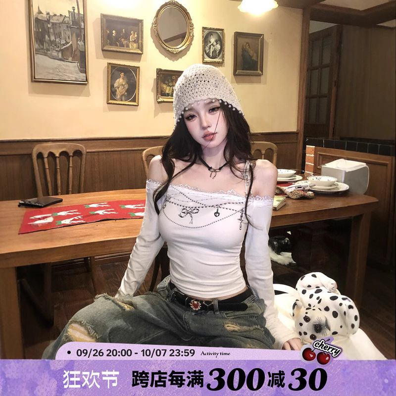 Cotton 260g {radish} off-shoulder pure lace T-shirt women's tight long sleeve slim sweet and spicy top in early autumn